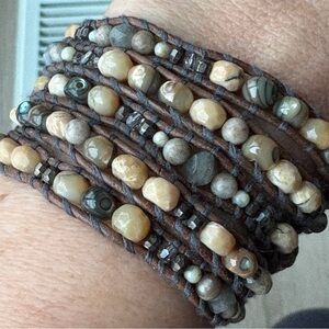 Chan Luu Cream Natural Stone Beaded Five Wrap Leather Bracelet Bohemian Agate
